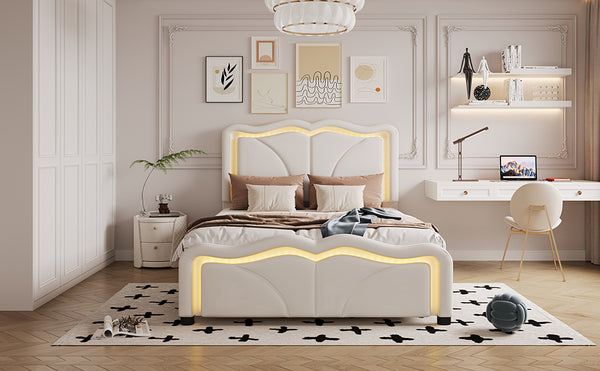 English Elm Twin Upholstered Platform Bed with Curved Headboard, Adjustable Heights, Sturdy Pine Frame, LED Accent Lights White WF323748AAK