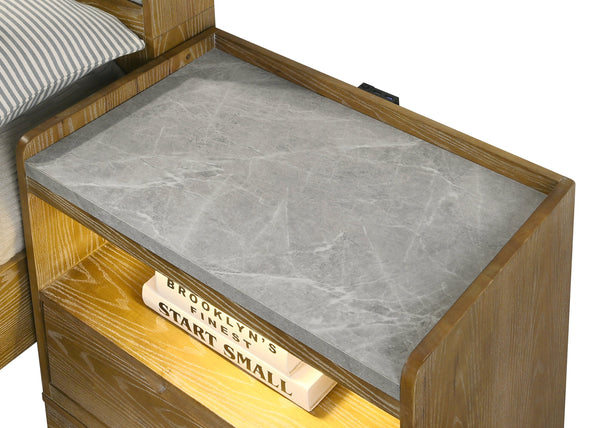 English Elm Garcia Light Aspen Brown Nightstand with LED, USB Port, Solid Rubberwood, Metal Glide Drawer, Safe Stop B2726P391842