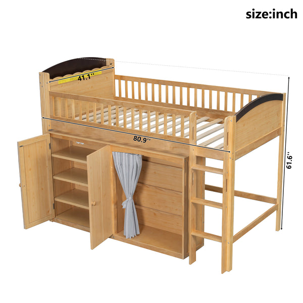 English Elm Twin Loft Bed with Wardrobe Cabinet Led Lighting and Pine Frame for Kids Rooms Wood N7090002235M