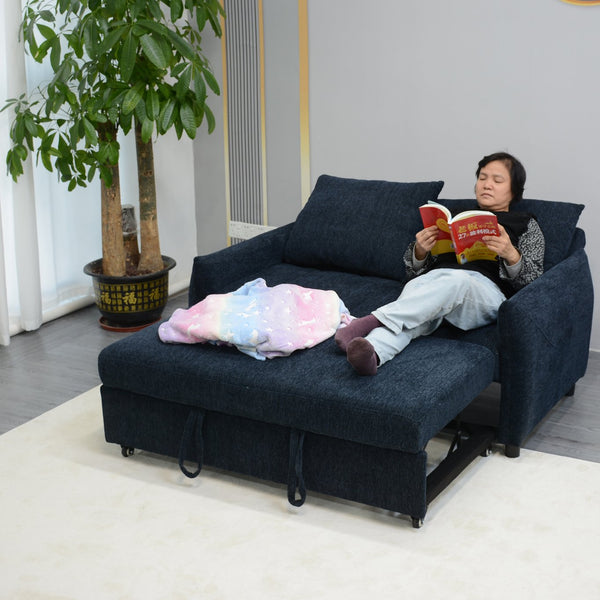 English Elm 57.48" Navy Line Velvet Sofa Bed with Adjustable 3‑Angle Backrest, Memory Foam Chaise, Modern Loveseat Sleeper (Navy) W1183S00023