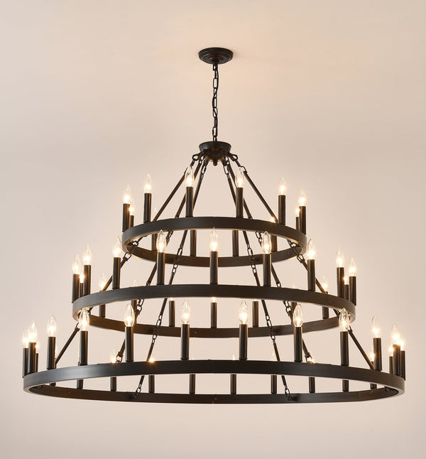 English Elm 39.37 Inch Three Tier Wagon Wheel Chandelier 36 Light Black Metal for High Ceilings W5008P392646