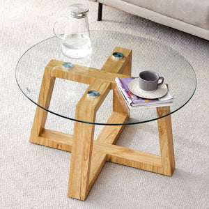 English Elm Modern wood-color MDF circular coffee table with tempered glass top, easy assembly, versatile style W1151P146796