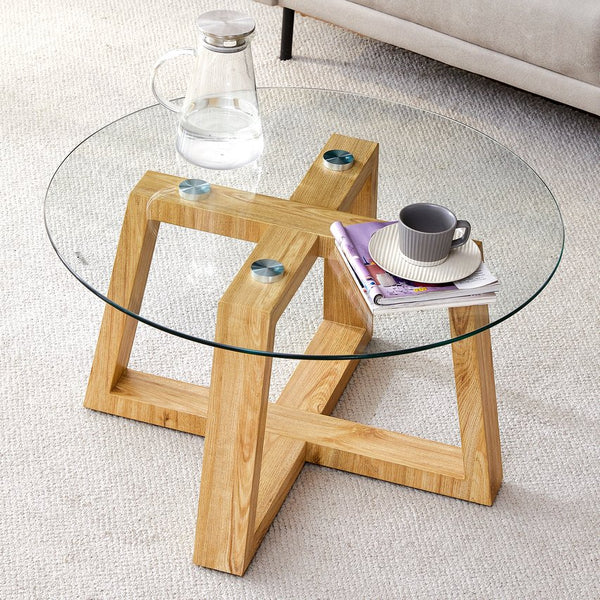 English Elm Modern wood-color MDF circular coffee table with tempered glass top, easy assembly, versatile style W1151P146796