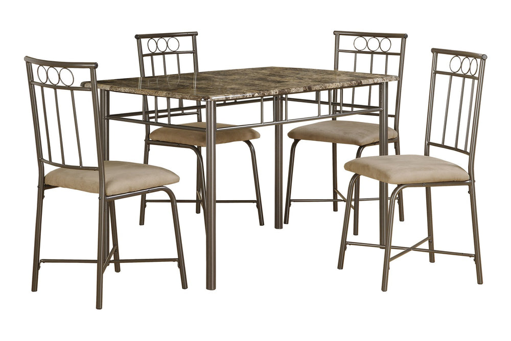English Elm Dining Table Set 5pc - 48" Rectangular Espresso Faux Brown Marble Top, Bronze Frame, Padded Seats B2710P218800