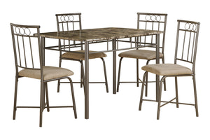 English Elm Dining Table Set 5pc - 48" Rectangular Espresso Faux Brown Marble Top, Bronze Frame, Padded Seats B2710P218800