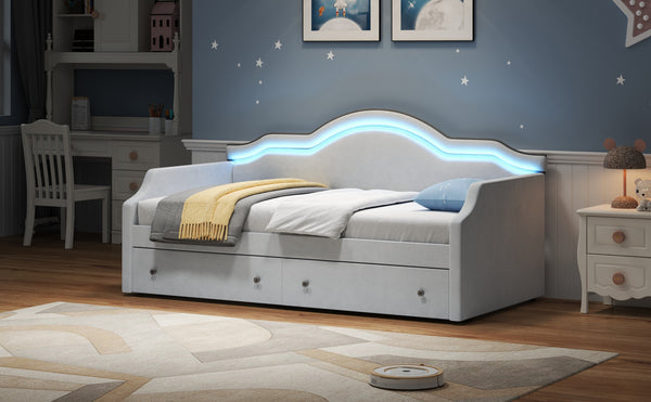 English Elm Twin Upholstered Daybed with Built-In LED & 2 Drawers, Velvet Platform Bed with Solid Wood Frame, Modern Curved Backrest, Twin Size, No Box Spring Needed Beige N7500001851A