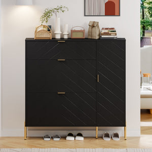 English Elm Mdf Herringbone Shoe Cabinet Gold Hardware Entryway Organizer Holds 16 Pairs Black T3609P482836