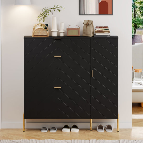 English Elm Mdf Herringbone Shoe Cabinet Gold Hardware Entryway Organizer Holds 16 Pairs Black T3609P482836