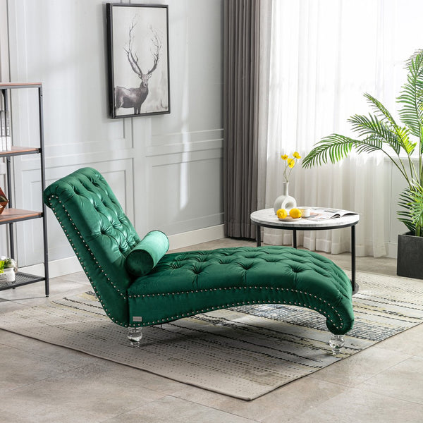 English Elm Velvet Curved Chaise Lounge Sofa with Button-Tufted Back, Thick Foam Comfort and Acrylic Legs for Living Room Relaxation Emerald W39538677