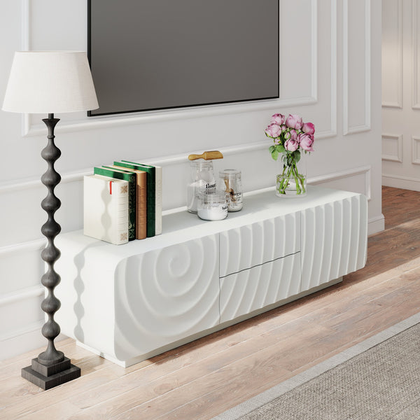 English Elm 58''tv Console Sculpted Spiral Wave Relief Walnut Mid-century Media Stand with Storage White W2263P412377