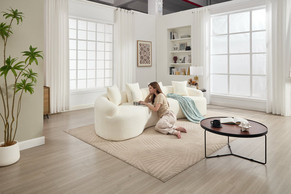 English Elm Curved Boneless Sofa modular 110" sectional with high-density foam & spring core, kid‑friendly curves, no assembly required for easy moving and cozy lounging White W2231S00005