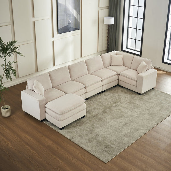 English Elm Modern U Shaped 6-Seat Sectional Sofa with Ottoman and 3 Toss Pillows, Corduroy Modular Comfort and Durable Frame White W2363S00039