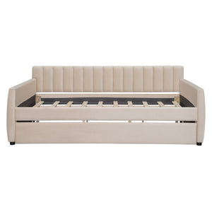 English Elm Full Size Velvet Upholstered Daybed with Pull Out Trundle and Wood Slat Support Beige LP100121AAA