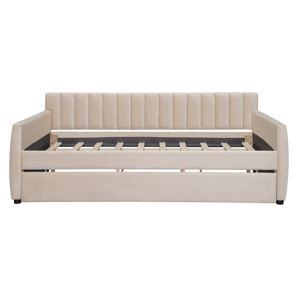 English Elm Full Size Velvet Upholstered Daybed with Pull Out Trundle and Wood Slat Support Beige LP100121AAA