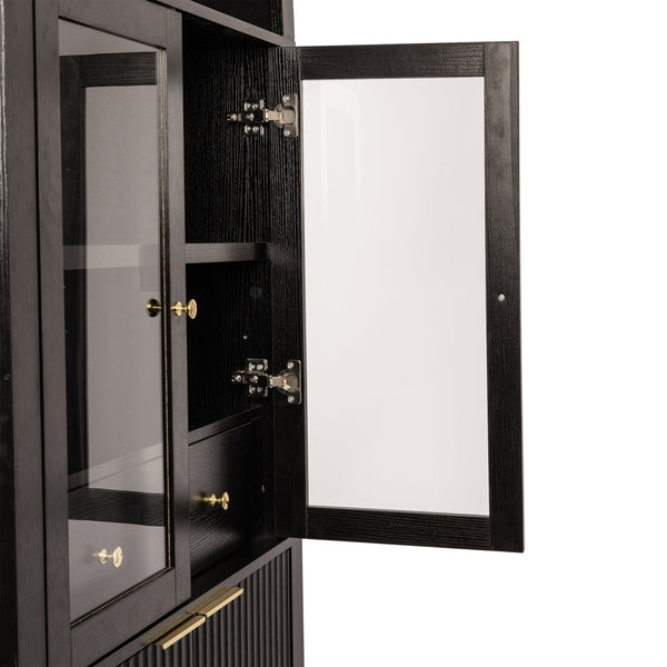 English Elm 71" Arched Glass Barn Door Pantry Cabinet Farmhouse Mdf Storage for Kitchen Dining Black W2917S00014