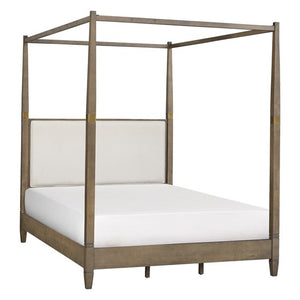 English Elm Canopy Queen Bed Brown Upholstered Canopy Frame Solid Wood Blend, Foam-Padded Headboard, Elegant Design B035S00062