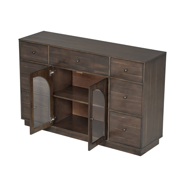 English Elm Christopher Knight Home® - Cabinet roomy storage console with 2 doors, 7 drawers, glass accents and manufactured wood build, large Dark Brown N780P330601D