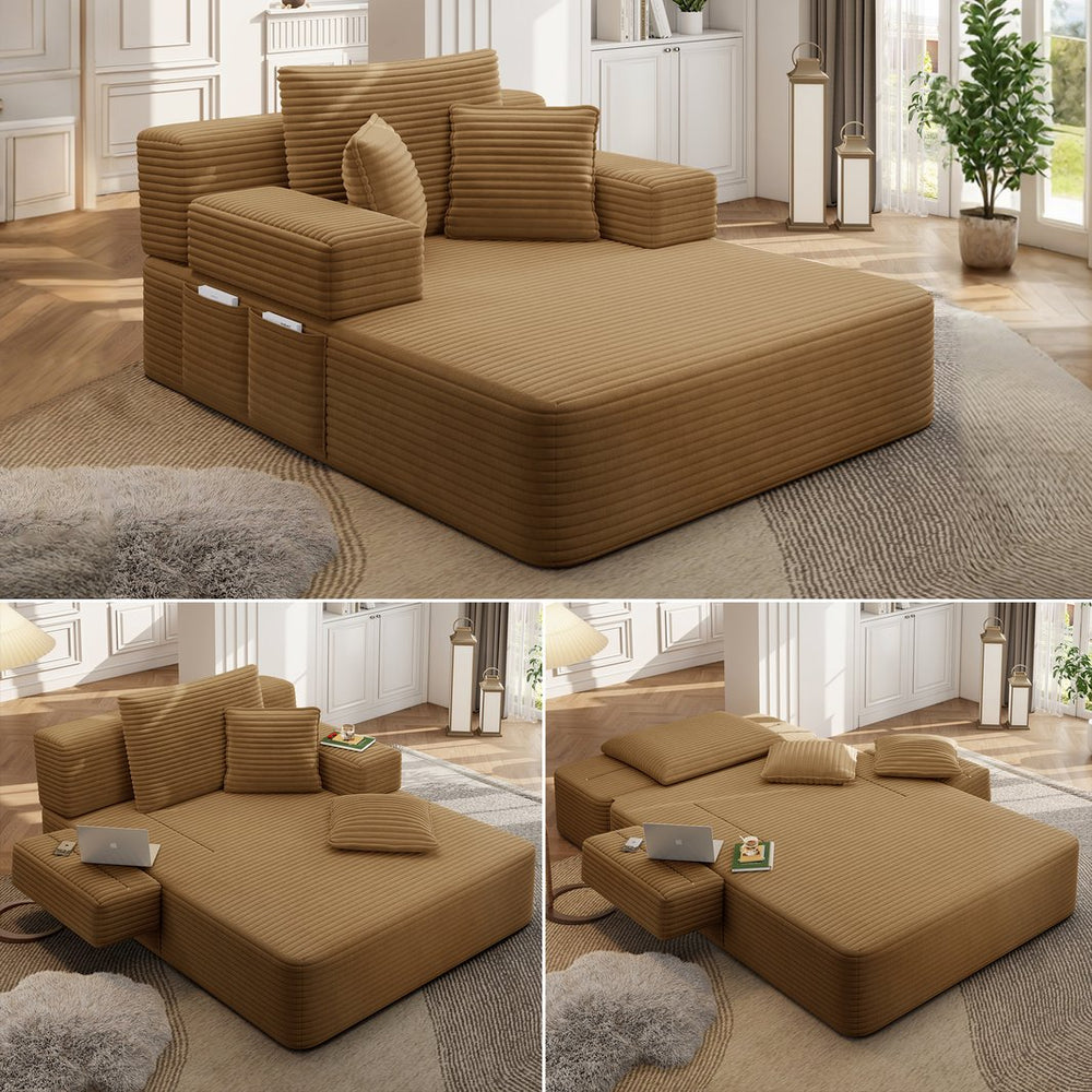English Elm Luxurious Corduroy Convertible Chaise Lounge Sofa Bed with Storage and Coil Spring Foam Camel W3219P483086