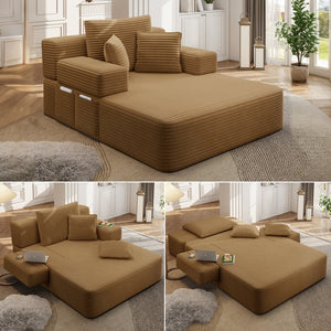 English Elm Luxurious Corduroy Convertible Chaise Lounge Sofa Bed with Storage and Coil Spring Foam Camel W3219P483086