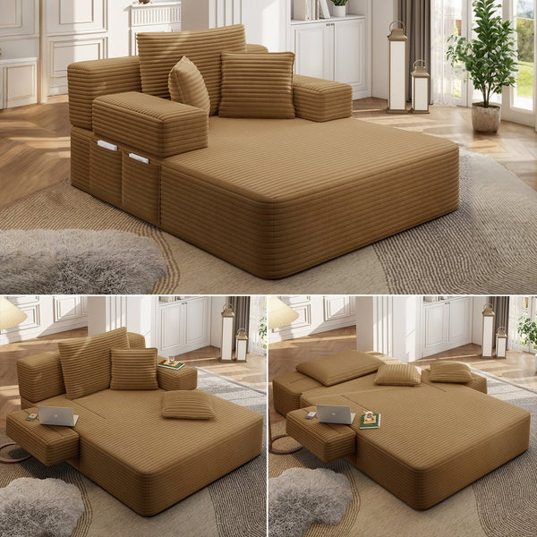 English Elm Luxurious Corduroy Convertible Chaise Lounge Sofa Bed with Storage and Coil Spring Foam Camel W3219P483086