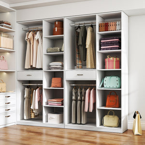 English Elm Freestanding 40" Closet System with 6 Open Shelves, 2 Hanging Rods & Wood Drawer — White Storage Wardrobe W331P280699