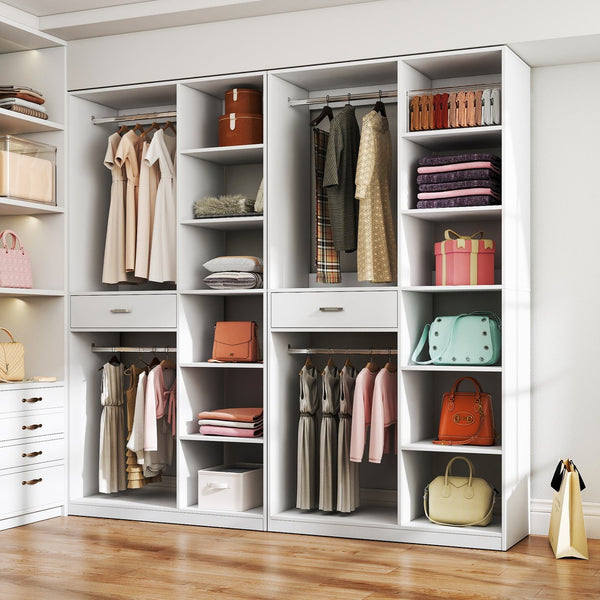 English Elm Freestanding 40" Closet System with 6 Open Shelves, 2 Hanging Rods & Wood Drawer — White Storage Wardrobe W331P280699