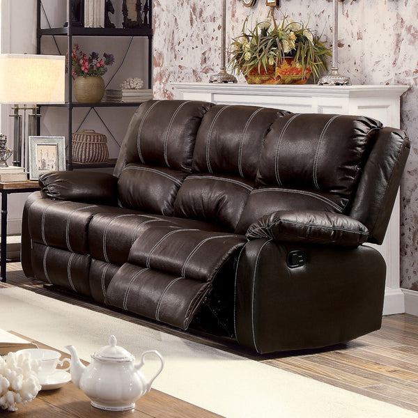 English Elm Zuriel Synthetic Leather Recliner Sofa with Pocket Springs, Pillow-Top Arms & Smooth Latch Recline Brown 77 L x 31 W x 26 H B2726P253075