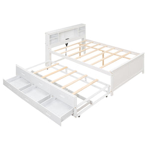 English Elm Full Full Size Platform Bed with Storage Headboard, USB Ports, Twin Trundle & 3 Drawers, Solid Wood White GX000720AAK