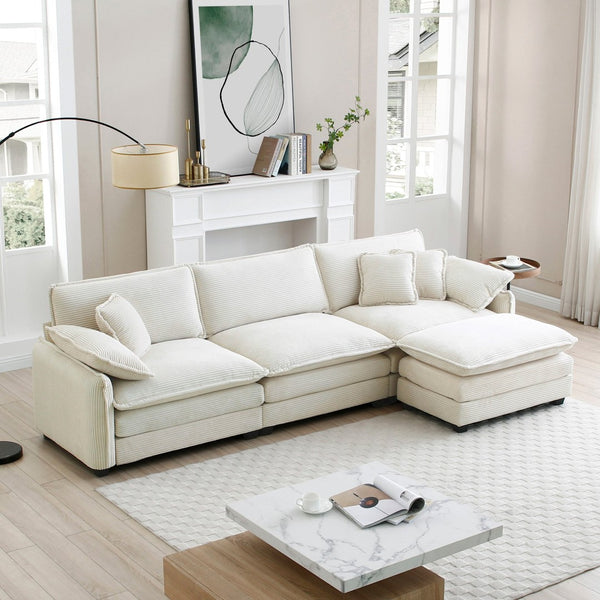English Elm Oversize L-Shaped Sectional Sofa With Ottoman - Plush White Corduroy, Stylish Comfort For Any Room W714S00690-GIGA