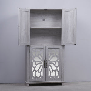 English Elm 67.4"h Mirrored Corner Cabinet Carved Butterfly Doors Adjustable Shelves Entryway Storage Light Gray W2899P374348
