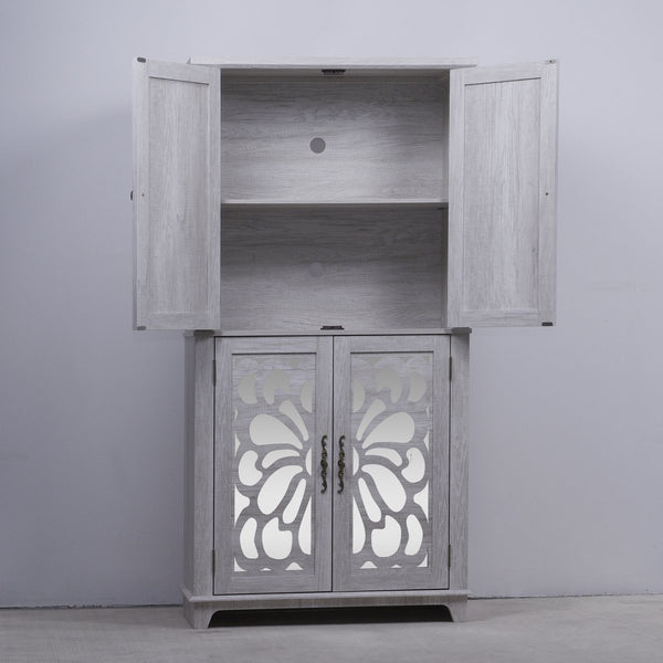 English Elm 67.4"h Mirrored Corner Cabinet Carved Butterfly Doors Adjustable Shelves Entryway Storage Light Gray W2899P374348