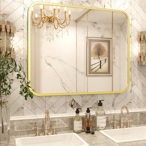 English Elm Bathroom Vanity Mirror 40" X 32" Gold Rectangle With Round Corners - Shatterproof & Stylish Design T3177P296181