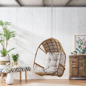 English Elm Christopher Knight Home® - GREYSTONE Hanging Chair with 8ft Chain — Wicker Faux Rattan Basket, Water-Resistant Beige Cushions, Indoor/Outdoor Comfort 70788.00LBGE