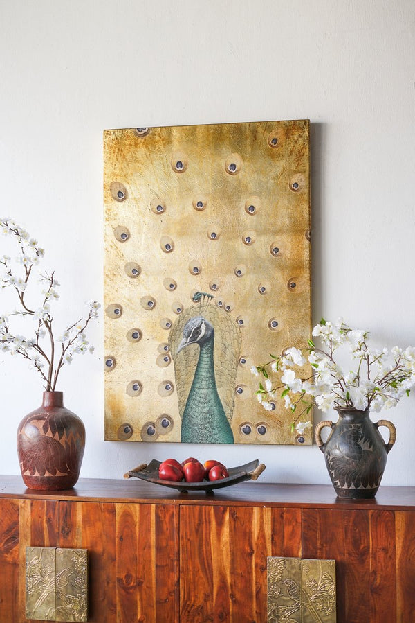 English Elm 30.7x46.5x1.4" Hand-painted Peacock Acrylic Canvas Art with Radiant Gold Textured Ground W2078P481778