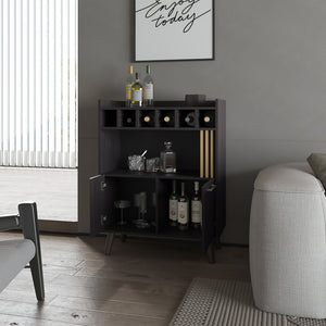 English Elm Yucca Mid-Century Bar Cabinet Wengue – Wine Storage for 5 Bottles, Display Shelves & Hidden Cupboard B128P263714