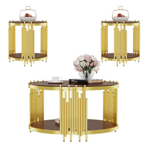 English Elm 31.5inch Modern Luxury Gold Coffee Table with Two-Tier Storage, Tempered Glass Top, Elegant Crown Design Dark Brown W1550P171485