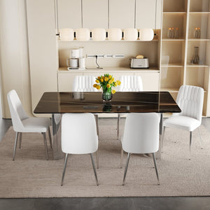 English Elm Table And Chair Set - Modern Minimalist Dining Ensemble With Imitation Marble Top & Pu Cushions W1151S04188-GIGA