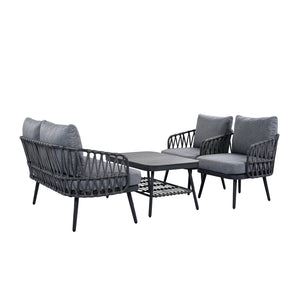 English Elm Christopher Knight Home® - 4-Piece Outdoor Patio Set with Woven Rope U-Back, Steel Frame, Thick Cushions & Acacia Table for Garden Black+Grey N780P209458G