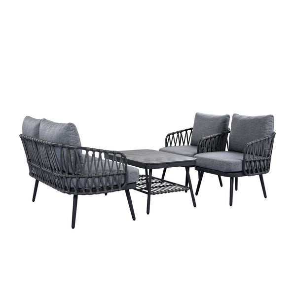 English Elm Christopher Knight Home® - 4-Piece Outdoor Patio Set with Woven Rope U-Back, Steel Frame, Thick Cushions & Acacia Table for Garden Black+Grey N780P209458G