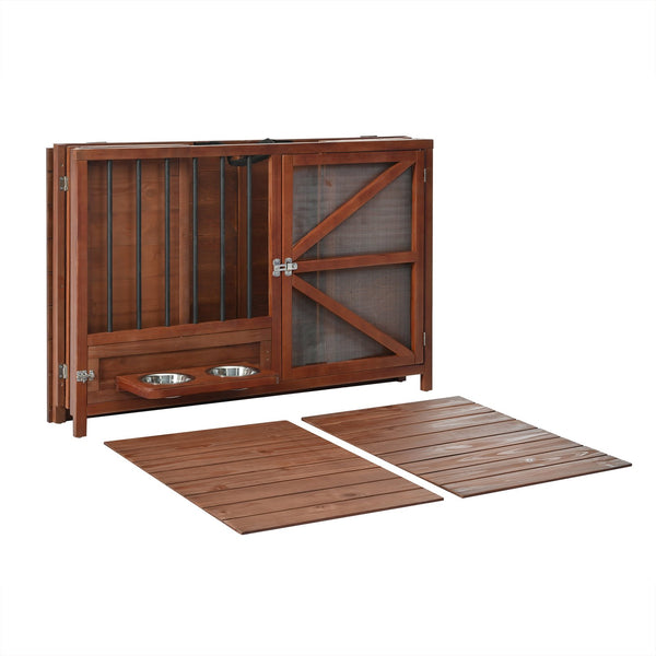 English Elm 43" Solid Pine Dog Crate End Table with Walnut Finish and Rotating Feeder Bowl N843P322022W