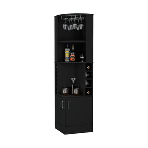 English Elm Delhi Corner Bar Cabinet with 8-Bottle Wine Rack, Glass Rack, Black Finish, Space-Saving Corner Design B128S00035