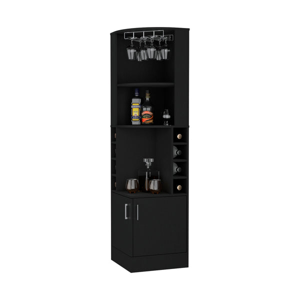English Elm Delhi Corner Bar Cabinet with 8-Bottle Wine Rack, Glass Rack, Black Finish, Space-Saving Corner Design B128S00035