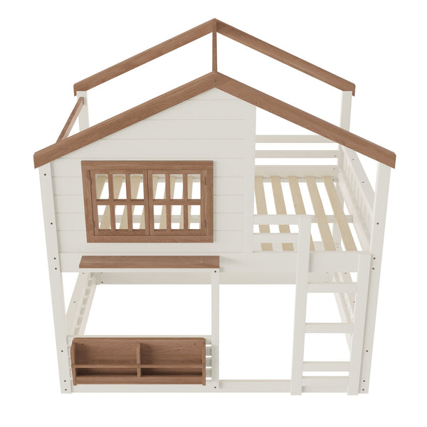 English Elm Full Bunk Bed with Trundle Bookshelf Storage Pine Frame Car Design for Kids Beige W1580S00523