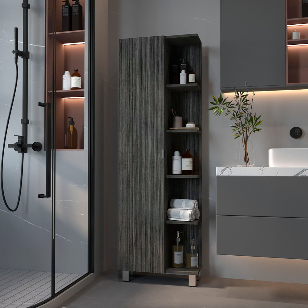 English Elm Smokey Linen Cabinet with 5 Open Shelves & Concealed Storage, 62" Tall Smokey Oak Bathroom Organizer B06280252