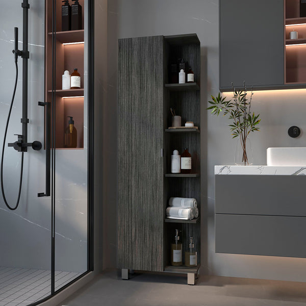 English Elm Smokey Linen Cabinet with 5 Open Shelves & Concealed Storage, 62" Tall Smokey Oak Bathroom Organizer B06280252