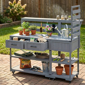 English Elm Topmax Modular Fir Wood Outdoor Kitchen Cart Stainless Steel Prep Station Gray N717P417963E