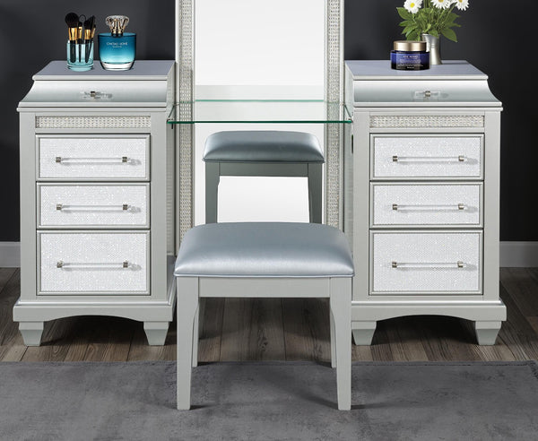 English Elm Glam Elegant Vanity Set with LED Mirror, Plush Stool, Ample Storage, Felt-Lined Drawers, Chic Finish Gray 24 L x 40 W x 36 H B2741S00671