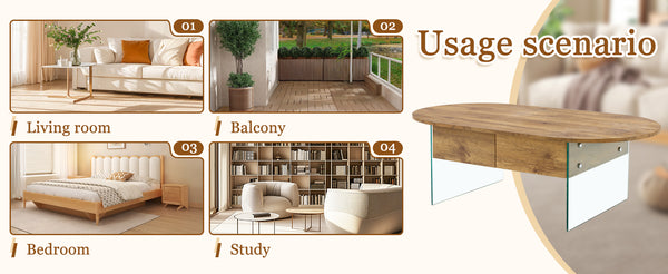 English Elm Cozy Natural Oval Coffee Table with Dual Drawers, Tempered Glass Legs, Wood Grain MDF Top, 43.3"x23.6" W1512P405601