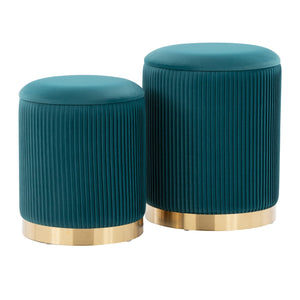 English Elm Nesting Pleated Velvet Ottoman Pair with Polished Gold Base Glam Living Room Accent B202P471499