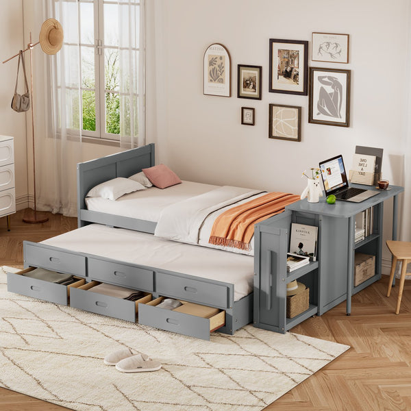 English Elm Twin Multifunctional Wood Platform Bed with Built-In Desk, Trundle & 3 Drawers for Small Spaces Gray 44.3 L x 23.1 W x 9 H N733S212832E